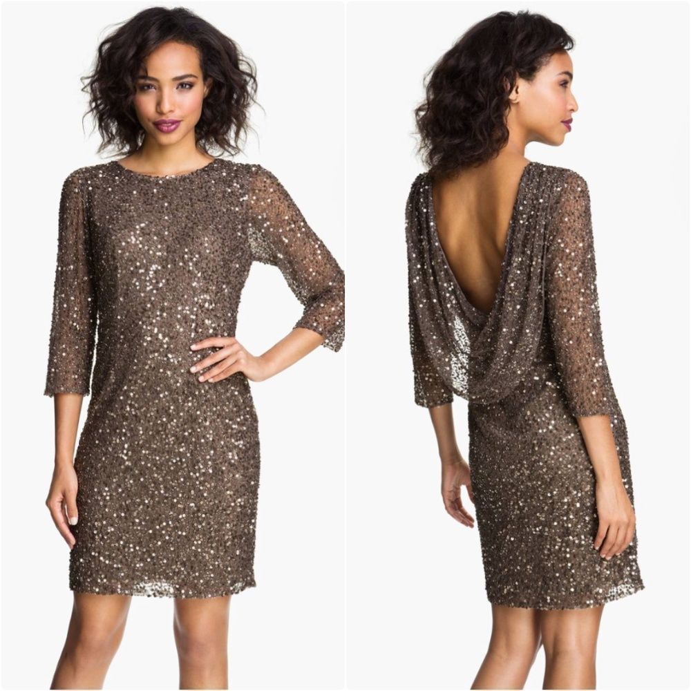 PISARRO NIGHTS Cowl Back Sequin & Bead Dress - Picture 1 of 2